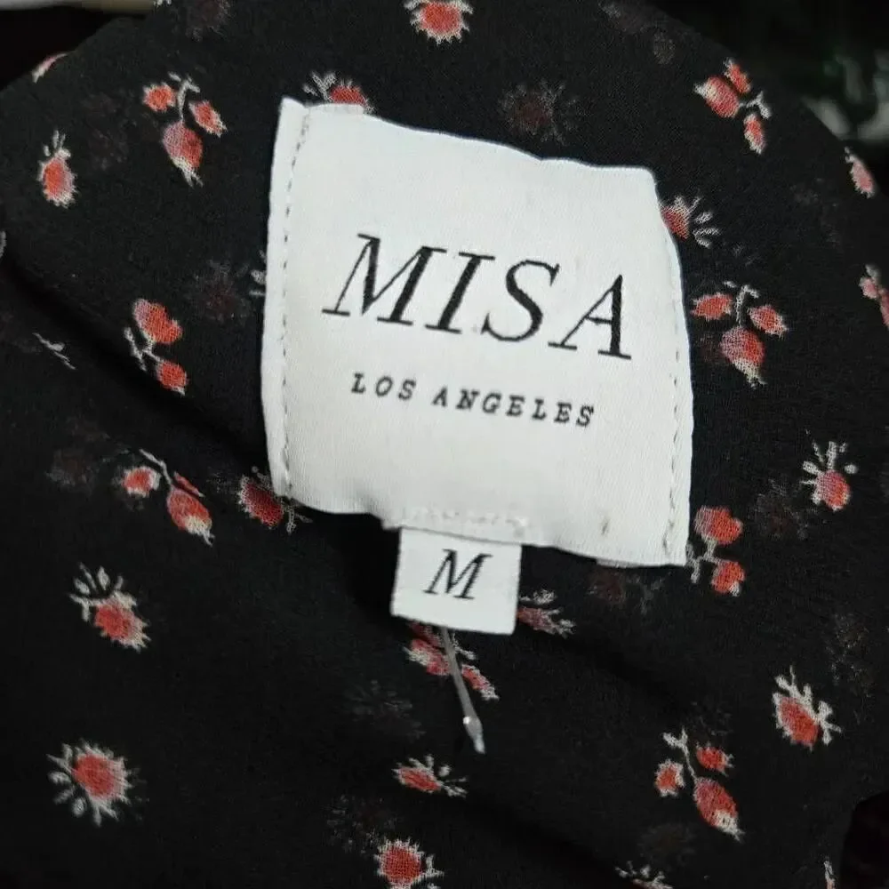 MISA Los Angeles Ruffle Button-Up Blouse Size Medium Black Floral Viscose